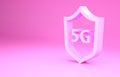 Pink Protective shield 5G wireless internet wifi icon isolated on pink background. Global network high speed connection Royalty Free Stock Photo