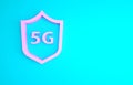 Pink Protective shield 5G wireless internet wifi icon isolated on blue background. Global network high speed connection