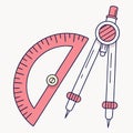 Geometric tools protractor and compass for drawing circles and angles Royalty Free Stock Photo