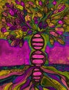 Pink psychedelic tree of life with cosmic eggs.