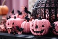 pink pumpkins black bats stylish halloween interior decoration, Generative AI