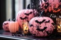 pink pumpkins black bats stylish halloween interior decoration, Generative AI