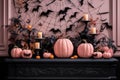 pink pumpkins black bats stylish halloween interior decoration, Generative AI