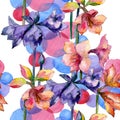 Pink and purple amaryllis floral botanical flower. Watercolor background illustration set. Seamless background pattern.