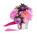 Pink and purple aster flowers in a small metal bucket isolated on white background Royalty Free Stock Photo