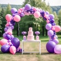 pink purple balloon arch, balloons in shape of frame, outdoors girl birthday party, decorations, cake on candybar