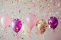 Pink and Purple Balloons with Golden Confetti
