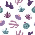 Pink, purple and blue house plants cactus peyote haworthia aloe sansevieria seamless pattern on a white background summer fashion Royalty Free Stock Photo