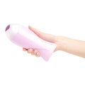 Pink purple bottle shower gel in hand Royalty Free Stock Photo