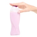 Pink purple bottle shower gel in hand Royalty Free Stock Photo