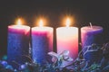 Advent decoration with three burning candles Royalty Free Stock Photo