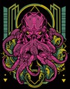Pink purple colour Cybernetic octopus monster with green modern sacred geometry background