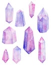 Pink and purple crystal gems set, watercolor hand painted illustration. Elements isolated on white background Royalty Free Stock Photo