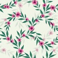 Pink purple daisies on random green leaves vines creative decorative vector seamless pattern design.