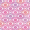 Retro Colorful flowers in pink, purple, coral and orange on mid century ogee seamless pattern.