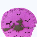 pink purple halloween clock with witches and bats isolated on white