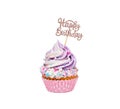 Pink and Purple happy birthday cupcake with sprinkles isolated on white Royalty Free Stock Photo