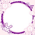 Pink and purple kawaii frame with a bunny and sakura flowers on a circular background. Cute template for baby showers