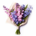 Pink And Purple Larkspur Bouquet In Paper Wrapper