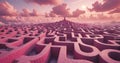A pink and purple maze is shown in the image, with a large hill in the background. The sky is filled with clouds, and th Royalty Free Stock Photo