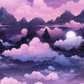 pink and purple mountains with clouds and moon in the sky