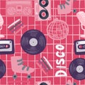 Pink and purple palette seamless pattern with disco ball, microphone, rollers, cassette, tape recorder, vinyl, record shapes.