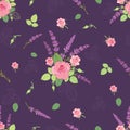 Pink purple roses ditsy seamless pattern