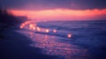 Pink And Purple Sunset Over Ocean Beach With Bokeh Lights Royalty Free Stock Photo