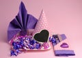 Pink and purple theme party table setting decorations Royalty Free Stock Photo