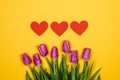 Pink, purple tulips and three red hearts on yellow background Royalty Free Stock Photo