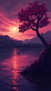 Pink and purple twilight over a river, with a solitary tree highlighted against the vibrant sky Royalty Free Stock Photo