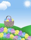 Pink purple yellow and blue easter eggs and basket with green grass hills Royalty Free Stock Photo