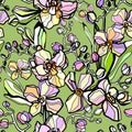 Pink purple yellow tender orchid floral seamless pattern. Exotic spring summer flowers bloom blossom foliage garland Royalty Free Stock Photo