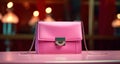 pink purse with chain and clasp on the table, Royalty Free Stock Photo