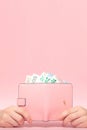 Pink purse and Euro banknotes in Female hands on pink background. Business Concept Royalty Free Stock Photo