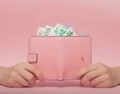 Pink purse and Euro banknotes in Female hands on pink background. Business Concept and Instagram Royalty Free Stock Photo