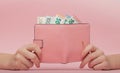 Pink purse and Euro banknotes in Female hands on pink background. Business Concept and Instagram Royalty Free Stock Photo