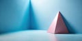 Pink pyramid in a blue corner room a minimalist geometric composition featuring a pastel pink triangular shape set against a light Royalty Free Stock Photo