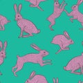 Pink quirky rabbit repeat pattern on plain green/blue background