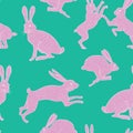 Pink quirky white/pink rabbit repeat pattern on plain green/blue background