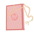 Pink Qur& x27;an and orange prayer beads