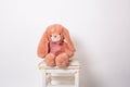 Pink rabbit plush doll sitting on a stool on white background. Easter Bunny. Easter Hare.