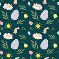 Pink rabbits with flowers, Easter pattern on color background. Digital illustration, hand drawn.