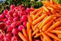 Pink radish and orange carrots at market counter