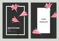 Pink rain lilies flowers with white frame on dark background, invitation card template Royalty Free Stock Photo