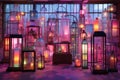 Pink, rainbow, neon abstract lamps in the style of cinematic sets, muted surrealism, vibrant glasswork studies