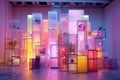 Pink, rainbow, neon abstract lamps in the style of cinematic sets, muted surrealism, vibrant glasswork studies