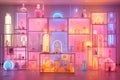 Pink, rainbow, neon abstract lamps in the style of cinematic sets, muted surrealism, vibrant glasswork studies