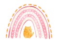 Pink rainbow with a plump ginger cat. Cute watercolor illustration