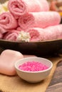 Pink bath salt in a white small bowl Royalty Free Stock Photo